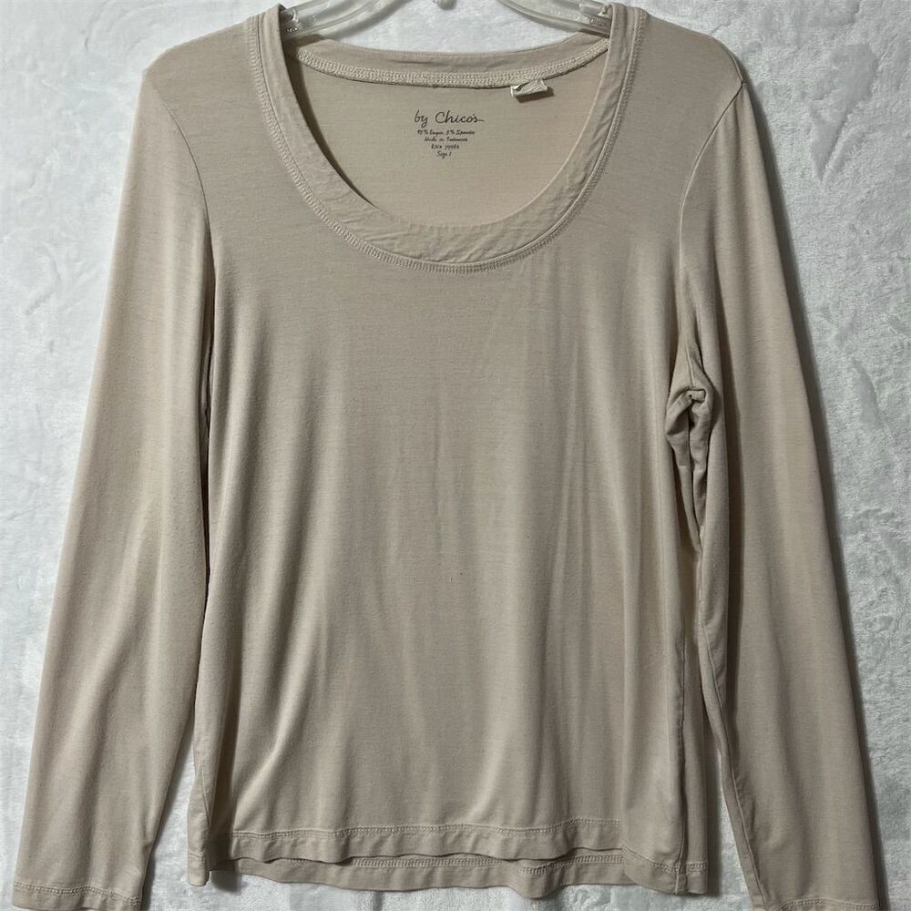 Chico's Women's Beige Long Sleeve Scoop Neck Blouse Size  Casual Size 1 (Small)